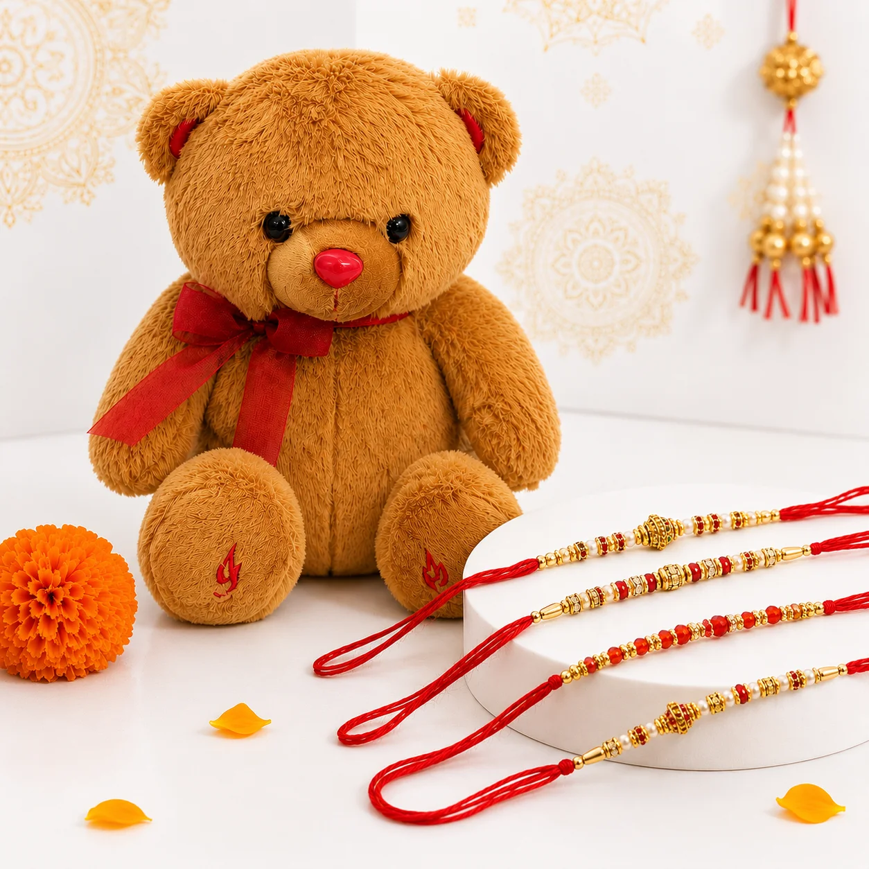 Teddy Bear with 4 Designer Rakhis Gift Set featuring a soft teddy bear and four premium designer rakhis for Raksha Bandhan